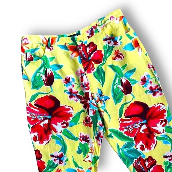 LAUREN Ralph Lauren Womens Linen Pants Plus Sz 18W Yellow Tropical Floral Ankle - Picture 2 of 7